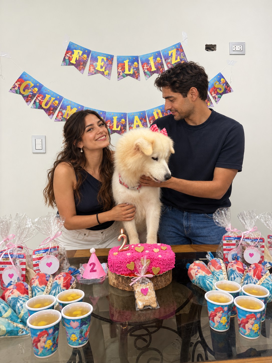 La pareja ficticia celebra junto a su perro