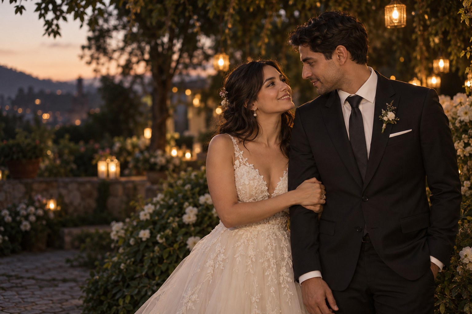 Pareja de demostración en una celebración con luces cálidas al atardecer